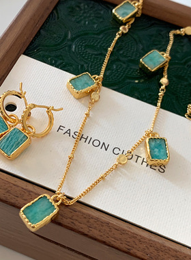 正品天河石项链蓝色方块小众流苏吊坠毛衣链新中式锁骨链女轻奢