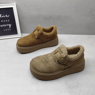 厚底魔术贴懒人女棉鞋 森系绒面加绒保暖女生勃肯鞋 款 实拍2025冬季