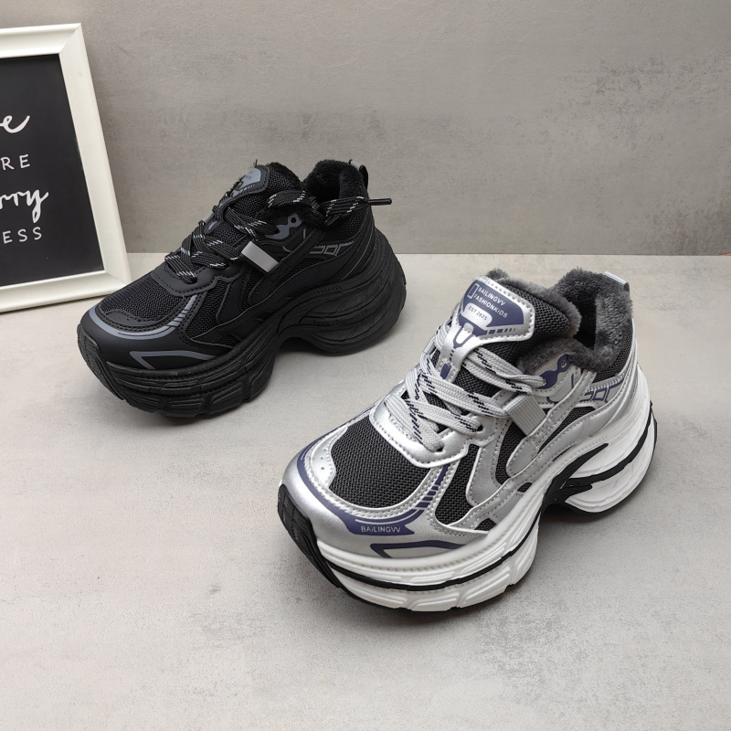 实拍2025冬款厚底增高老爹鞋