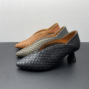 休闲尖头高粗跟编织复古软底牛皮女单鞋 工厂清仓2021春款 真皮女鞋