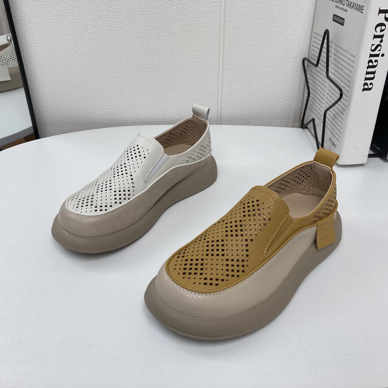 清仓2024夏季真皮女鞋韩版系带休闲厚底运动板鞋洞洞鞋牛皮女单鞋