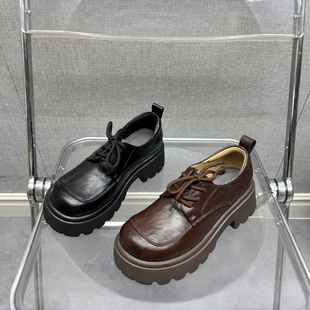 2026春款英伦风真皮厚底增高乐福鞋女百搭系带圆头休闲单鞋