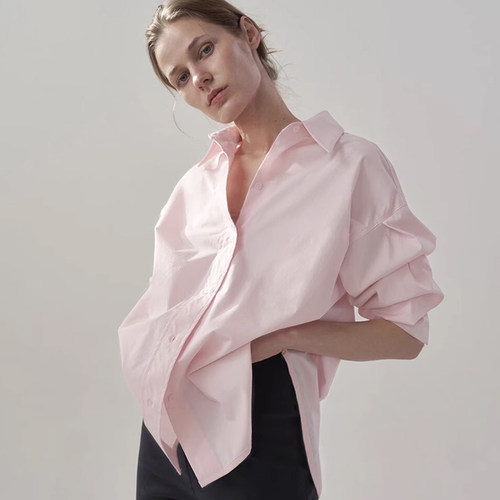 粉色纯棉宽松衬衫女中长上衣百搭开衫大码oversize长袖衬衣外套