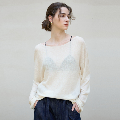 25早秋天丝针织衫女上衣百搭宽松长袖优雅慵懒风针织打底衫老钱风