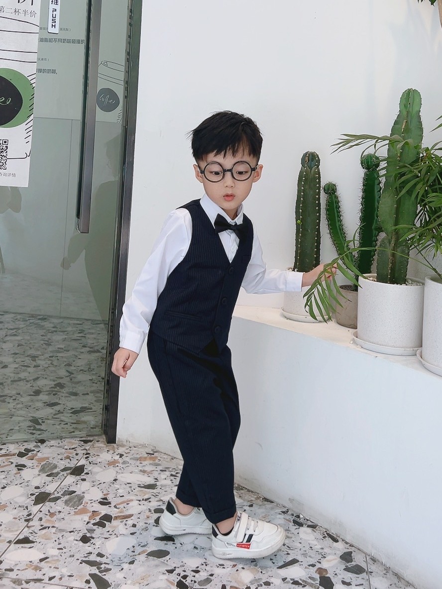 소년 검은 줄무늬 작은 정장 어린이 드레스 조끼 3 피스 세트 2022 새로운 영국 꽃 소녀 정장