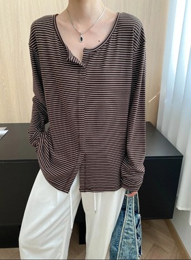 司南 日常舒适区 设计感随性撞色条纹宽松显瘦T恤打底衫 SN8202