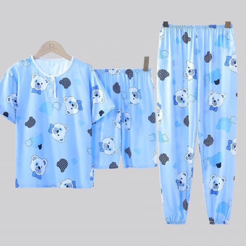 儿童睡衣短袖三件套卡通夏季薄款短袖短裤灯笼裤套装中大童家居服