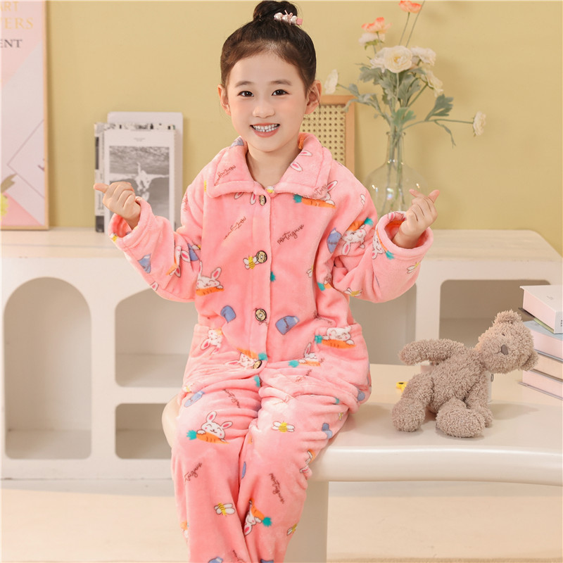 儿童新款法兰绒套装女童卡通家居服秋冬小童宝宝加绒珊瑚加厚睡衣