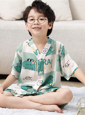 夏季儿童睡衣短袖短裤棉绸男童女童空调服女孩宝宝开衫家居服套装