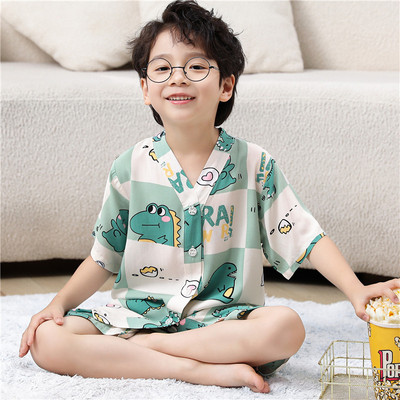 夏季儿童睡衣短袖短裤棉绸男童女童空调服女孩宝宝开衫家居服套装