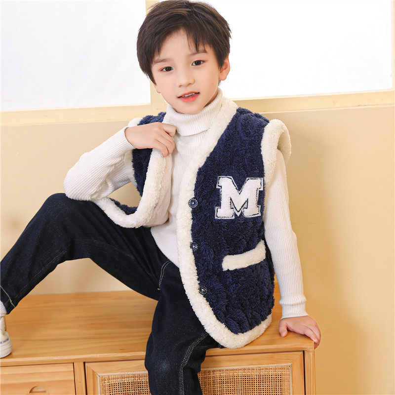 儿童三层夹棉马甲提花绒背心男女童儿童宝宝中大童内外穿加绒冬天