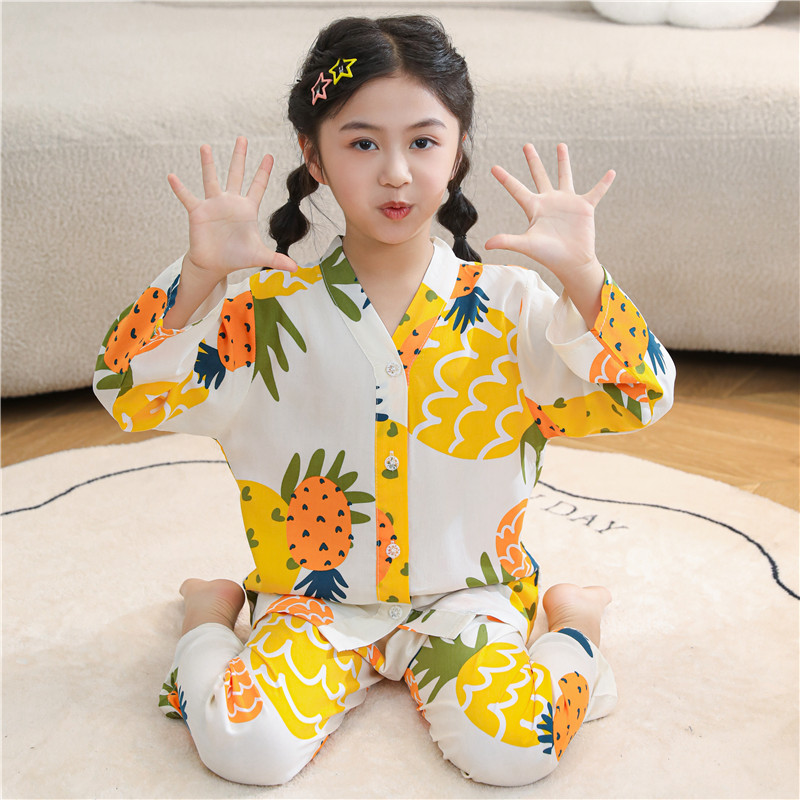 女童睡衣夏季薄款棉绸长袖开衫可爱女童男孩中大童春秋家居服套装