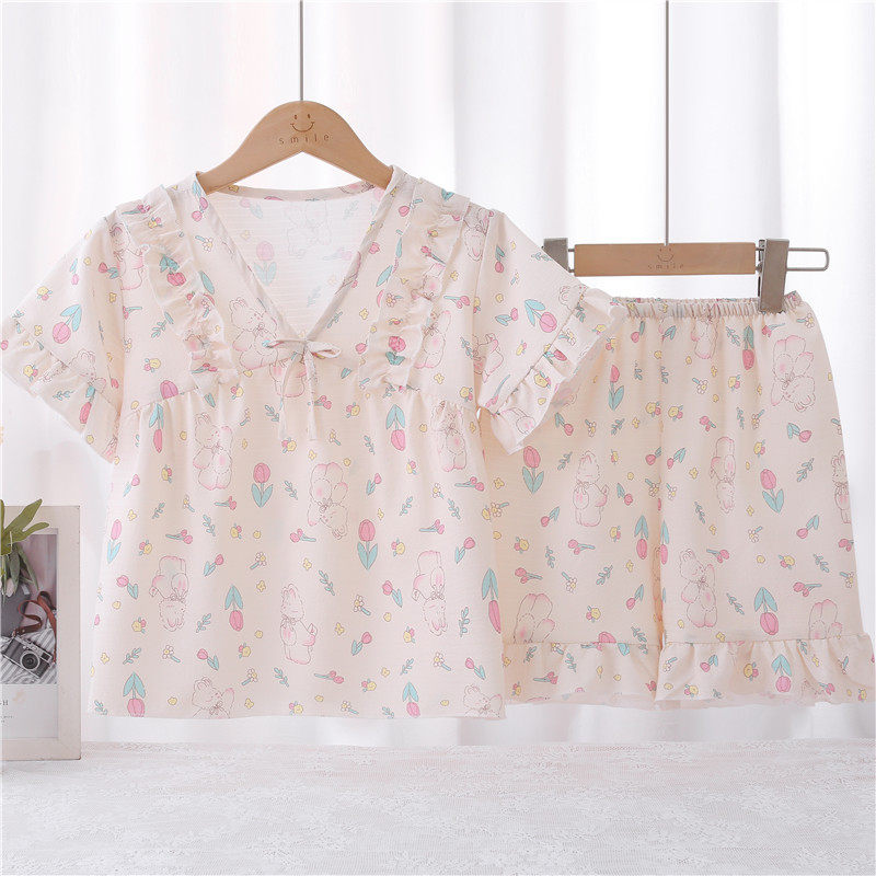 女童睡衣夏季短袖纯棉纱布薄款夏天女孩公主中大童儿童家居服套装