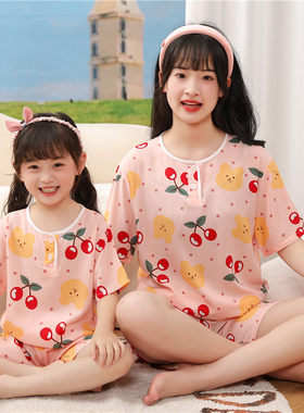 亲子睡衣夏季棉绸短袖短裤卡通女童可爱夏天绵绸中大童家居服套装