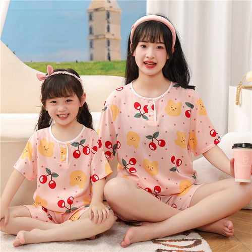 亲子睡衣夏季棉绸短袖短裤卡通女童可爱夏天绵绸中大童家居服套装