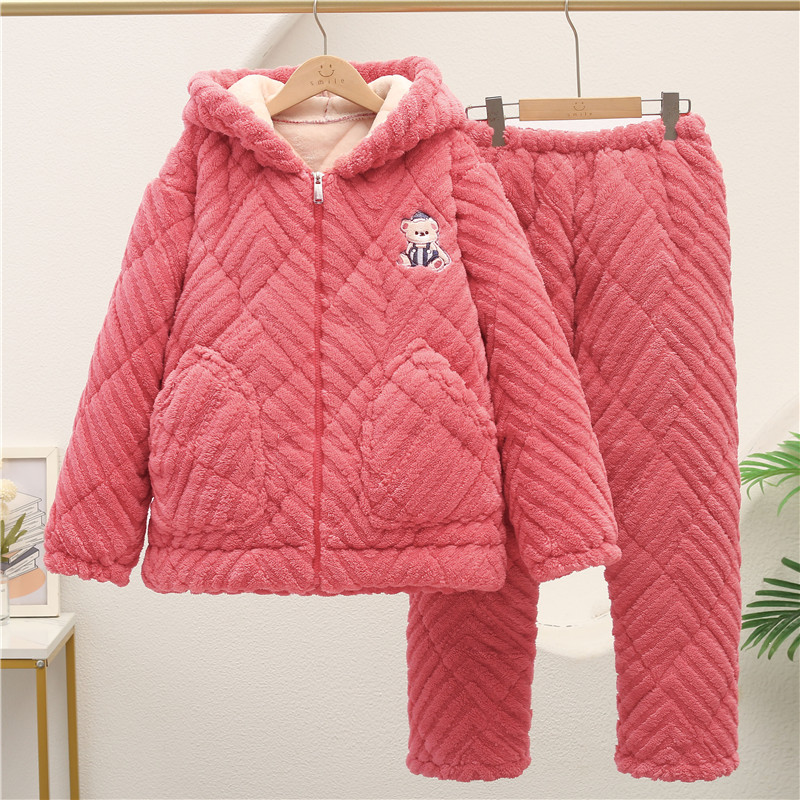 女童冬季连帽三层夹棉睡衣珊瑚绒加绒加厚法兰绒学生大童居家套装