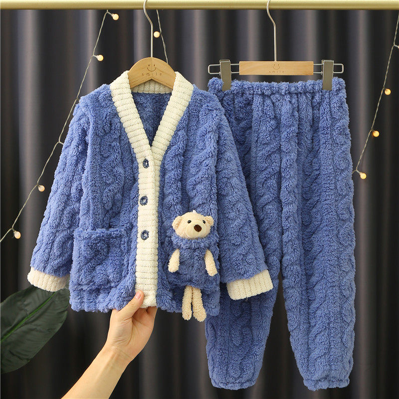 2023新款秋冬季男童法兰绒儿童睡衣女童韩系珊瑚绒保暖家居服套装