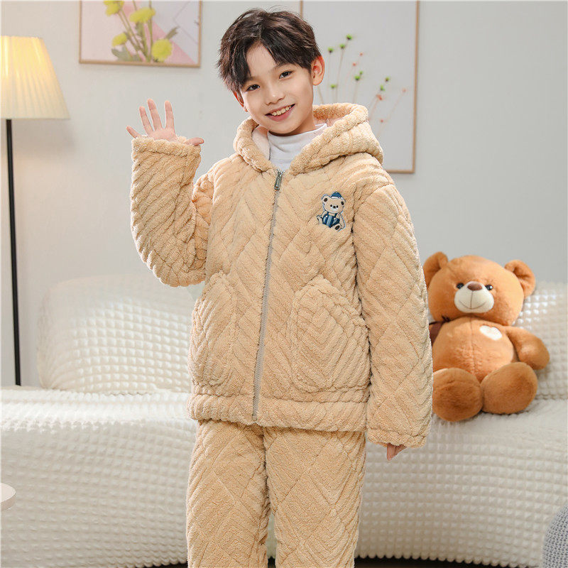 冬季儿童睡衣男童珊瑚绒连帽宝宝三层夹棉加厚法兰绒家居服超厚
