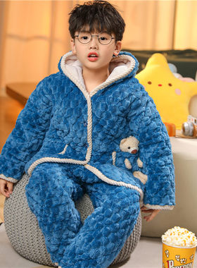 儿童睡衣男孩秋冬季珊瑚绒加厚小孩子冬天中大童男童法兰绒家居服