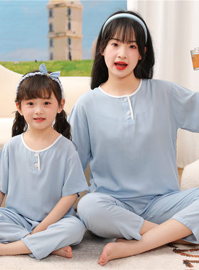 棉绸睡衣女士夏天薄款棉绸套装韩版人造棉亲子家居服凉爽透气宽松