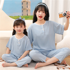 棉绸睡衣女士夏天薄款棉绸套装韩版人造棉亲子家居服凉爽透气宽松