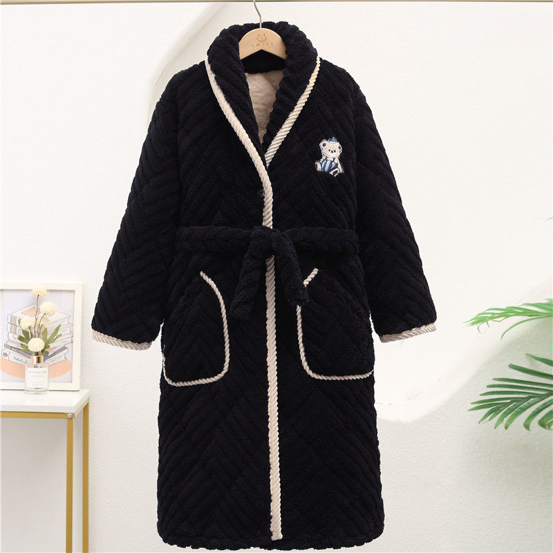 儿童睡袍新款冬季三层夹棉加绒加厚男童女童提花法兰绒中大童浴袍