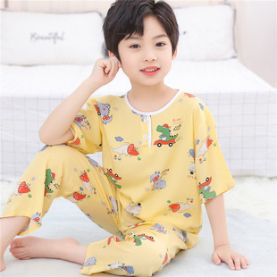 睡衣夏季棉绸小孩薄款宝宝女童男童中大童短袖儿童绵绸空调服套装