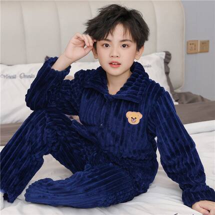 儿童睡衣法兰绒珊瑚绒男童家居服套装秋冬加厚保暖洋气休闲中大童