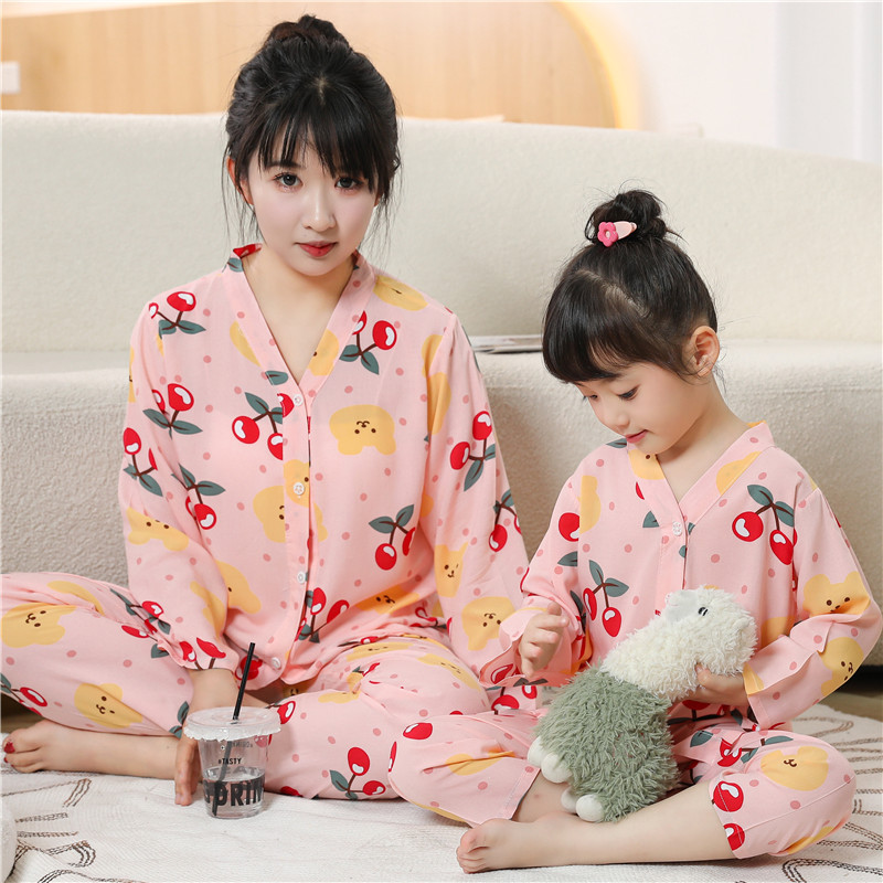 春秋亲子装睡衣新款长袖长裤薄款棉绸夏季少女家居服中大码空调服