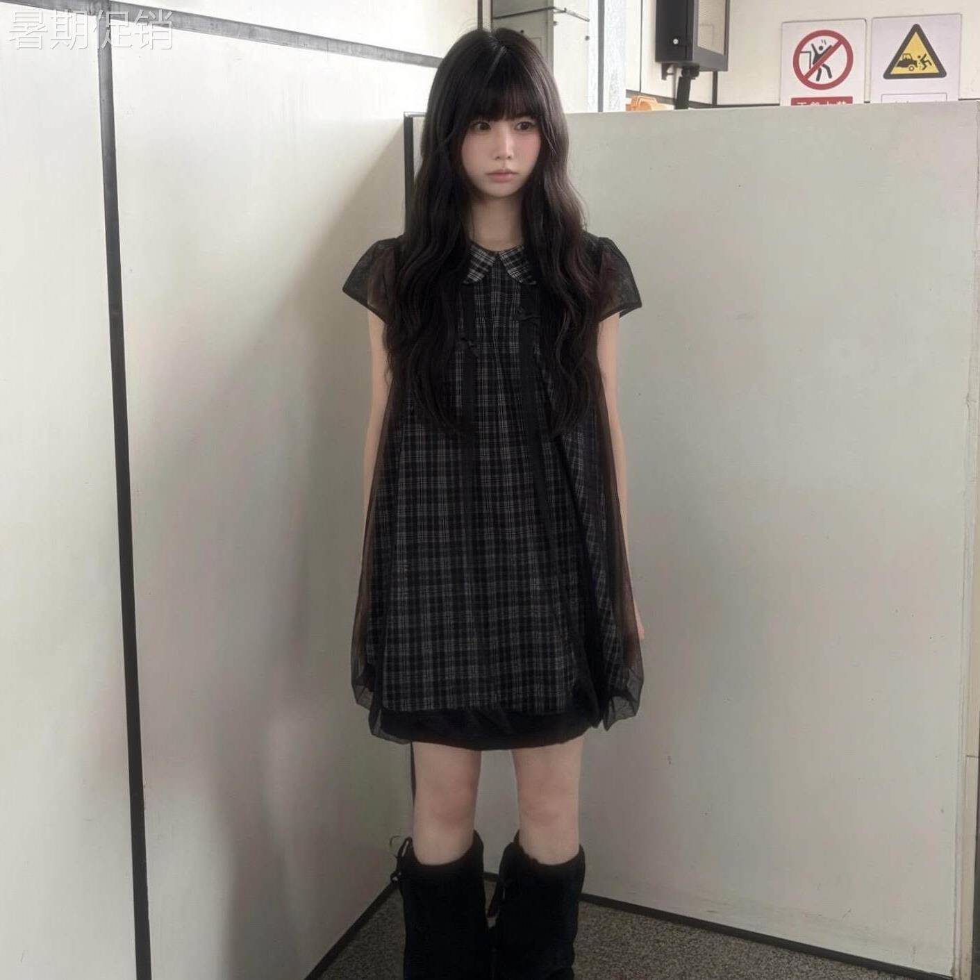 复古甜美学院风娃娃领格纹洋装女夏小个子设计感网纱拼接花苞裙