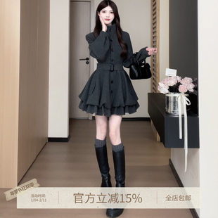 松本丧丧法式暗黑风黑色洋装女收腰荷叶边小个子高腰高级感短裙