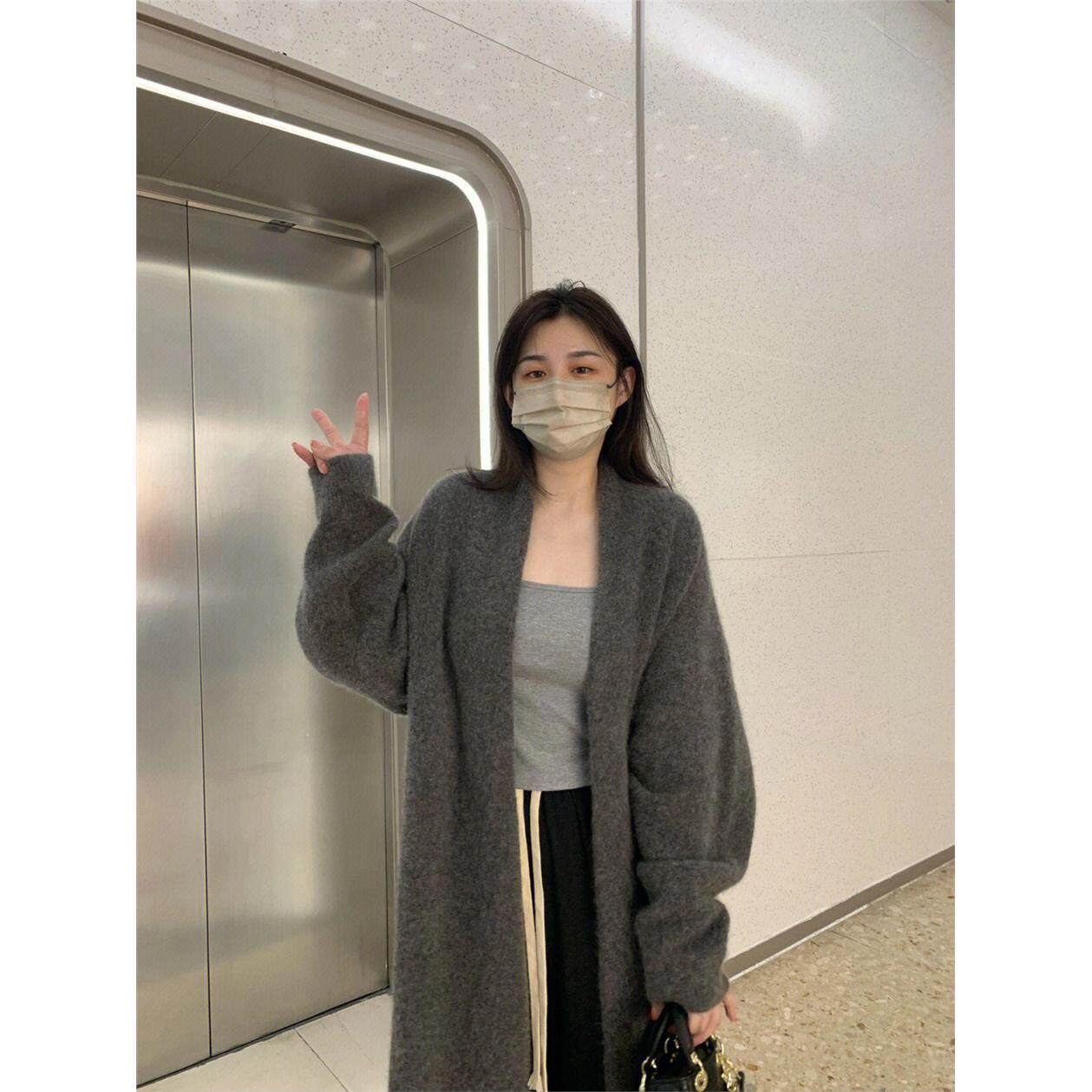 灰色中长版过膝毛衣外套女春秋冬冬季慵懒风加厚羊绒针织开衫大衣