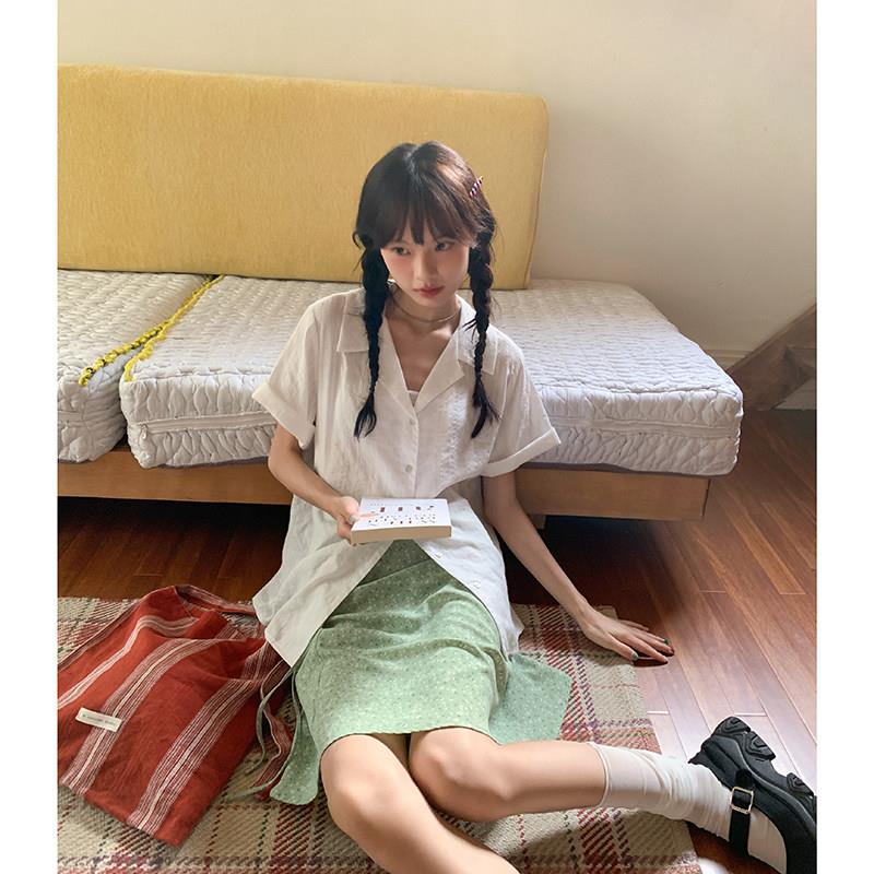 觅定绿色雪纺碎花半身裙女夏季新款高腰a字裙子垂坠感短裙小个子
