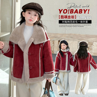 女童皮毛一体外套2025新款儿童洋气加绒冬季加厚红色保暖年服上衣