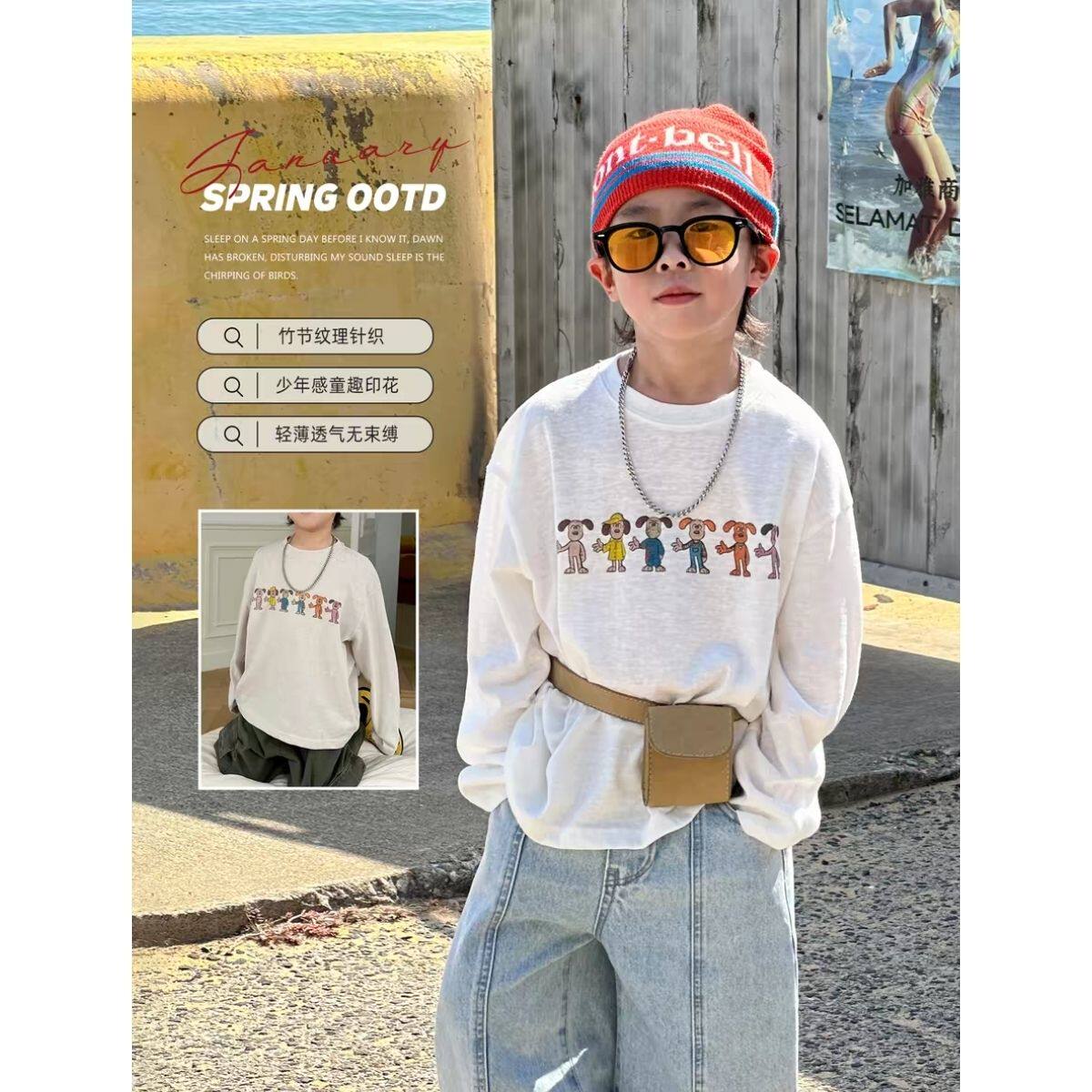 竹节棉轻薄透气防晒长袖T恤春季新款卡通印花时尚外穿宽松白色T恤