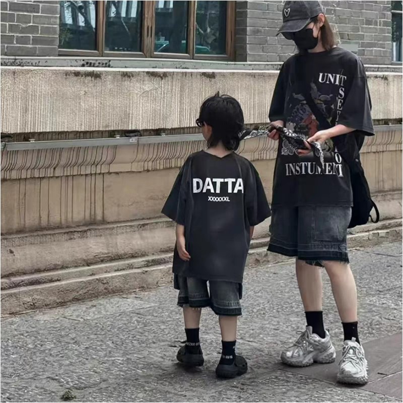 水洗做旧纯棉短袖T恤亲子装韩版洋气男童中大童母子装宽松半袖衫