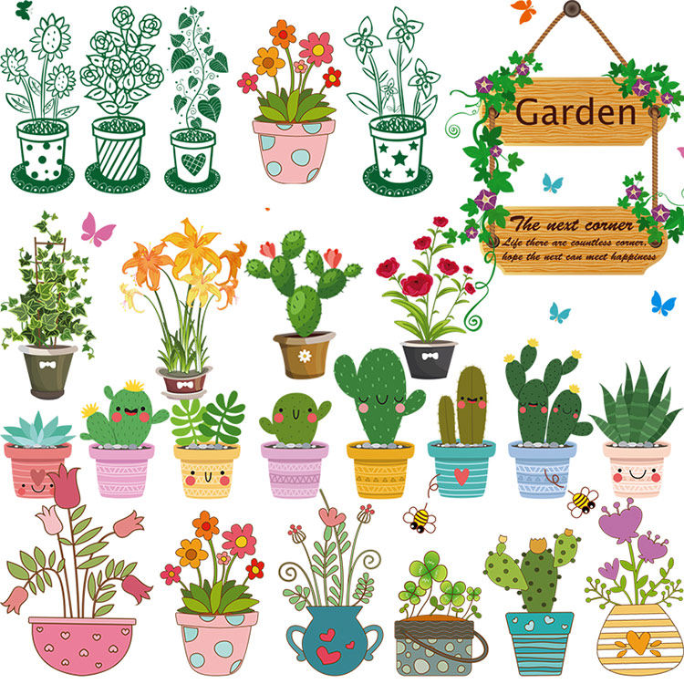 卧室墙边墙角贴纸墙画橱柜贴画壁画 花草小盆栽踢脚线墙贴可移除