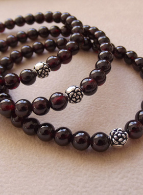 天然巴西酒红石榴石手链手串  银饰玫瑰花 正品饰品水晶半宝石