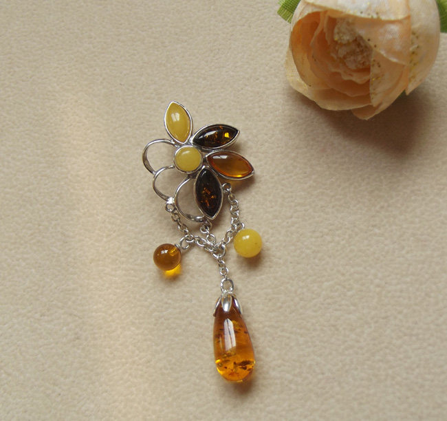 花朵 波兰天然琥珀 925银镶金珀+黄蜜蜡项坠吊坠挂件 花珀 饰品