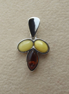 三叶草 波兰天然琥珀 925银镶金珀 黄蜜蜡项坠吊坠挂件 正品饰品
