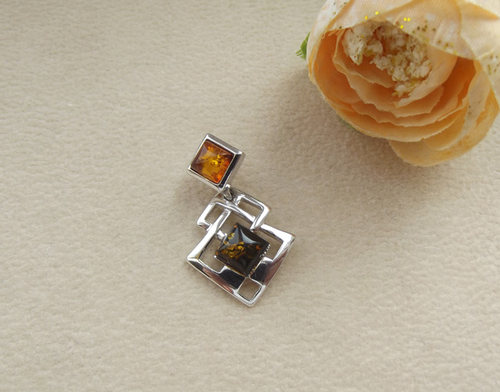 爱和光 几何 波兰天然琥珀 925银镶金珀项坠吊坠挂件挂坠正品饰品