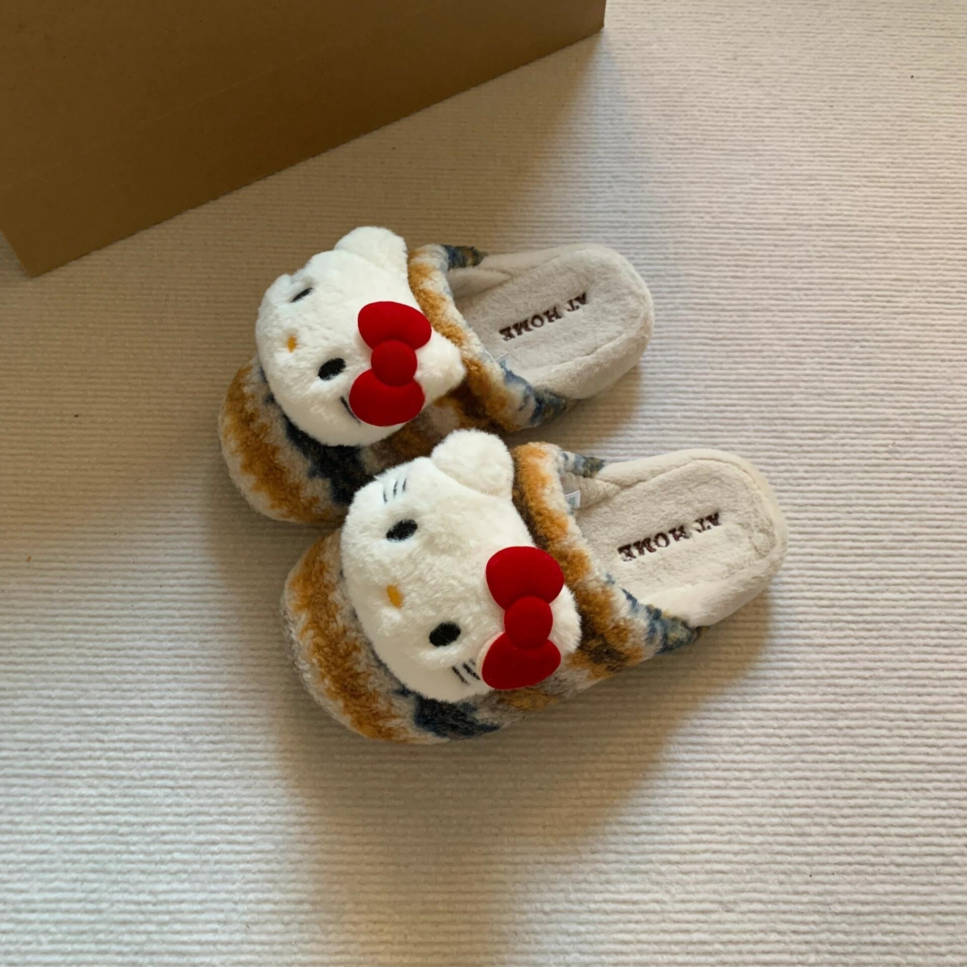 条纹格子kt猫棉拖秋冬保暖休闲鞋懒人居家舒适毛毛拖鞋防滑耐磨