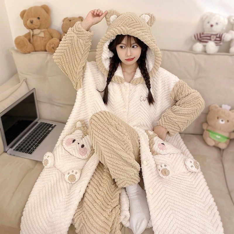 【一整套】秋冬季睡衣女加绒加厚保暖卡通学生北糕绒睡袍可外穿