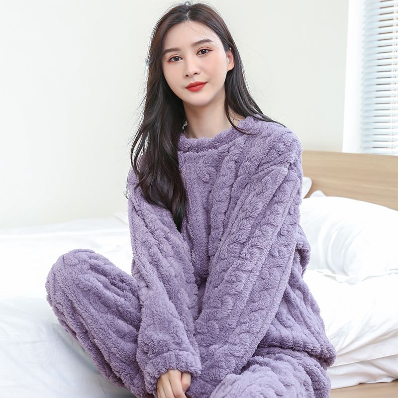 珊瑚绒提花睡衣女装秋冬季新款加绒加厚超厚绒冬天家居服两件套装