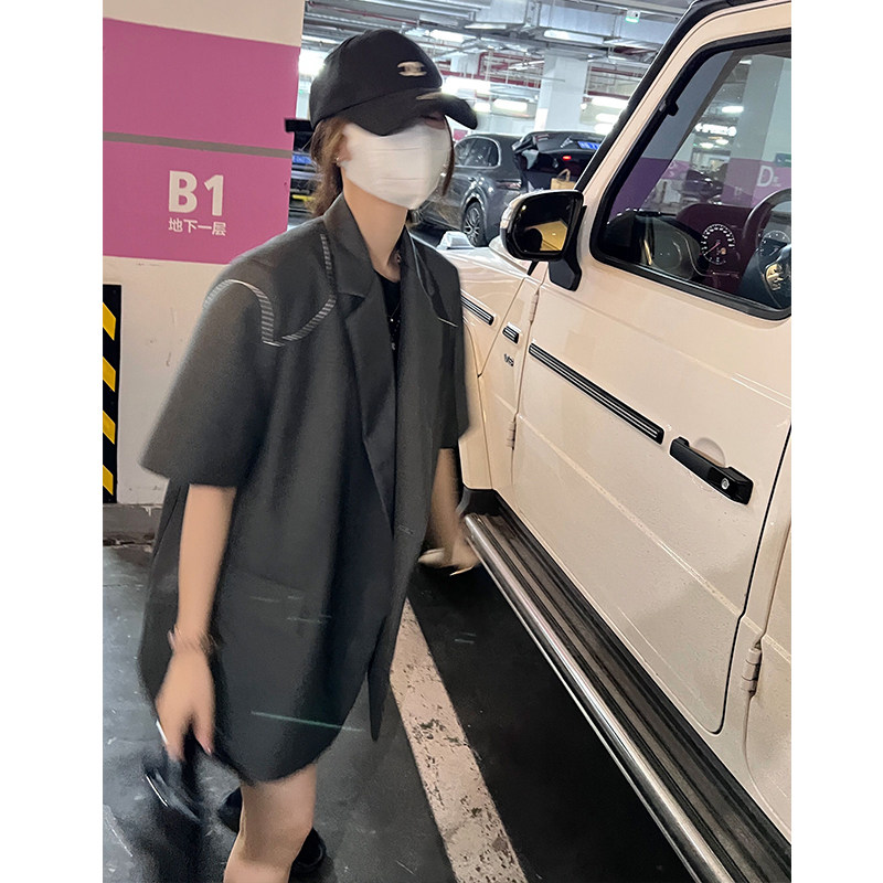 肩膀刺绣~明线设计短袖西装外套女夏季薄款韩版休闲西服廓形外套