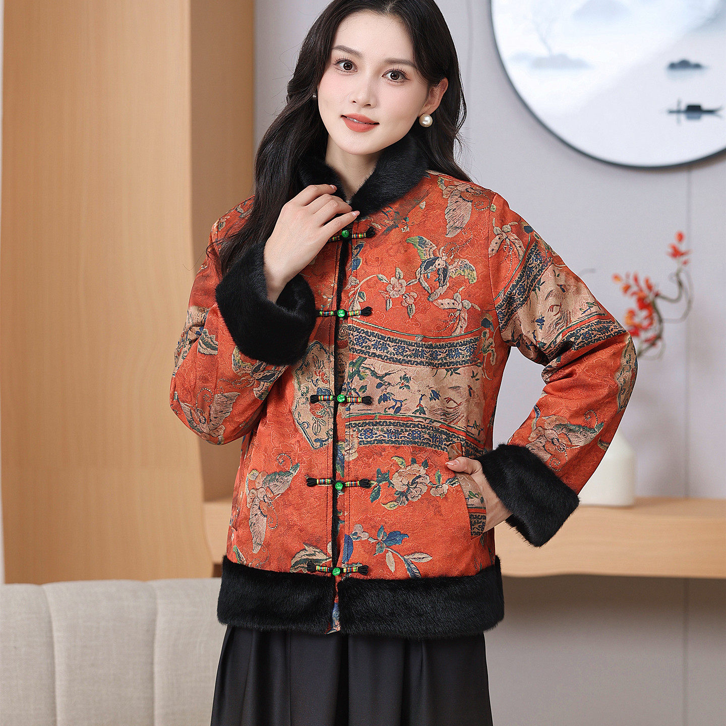 皮草外套女2025秋冬新款香云纱拼接水貂毛国风盘扣短款高级感棉袄