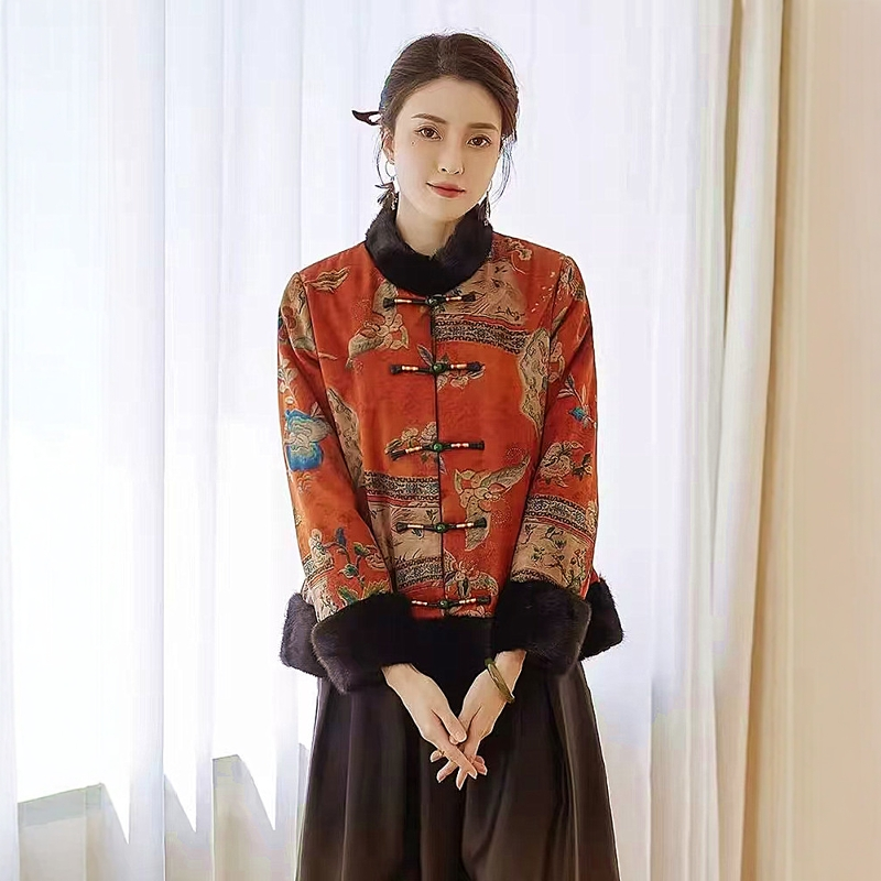 香云纱国风拼接水貂毛皮草外套女2025秋冬新款盘扣短款高级感棉袄
