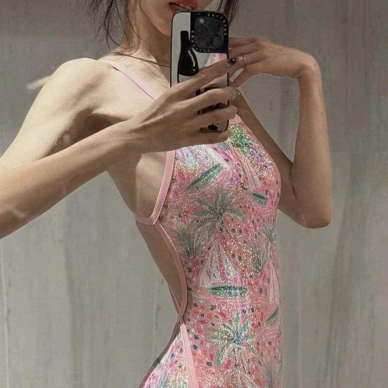 2025新款连体泳衣女珠光粉专业竞速三角连体游泳馆专用游泳衣