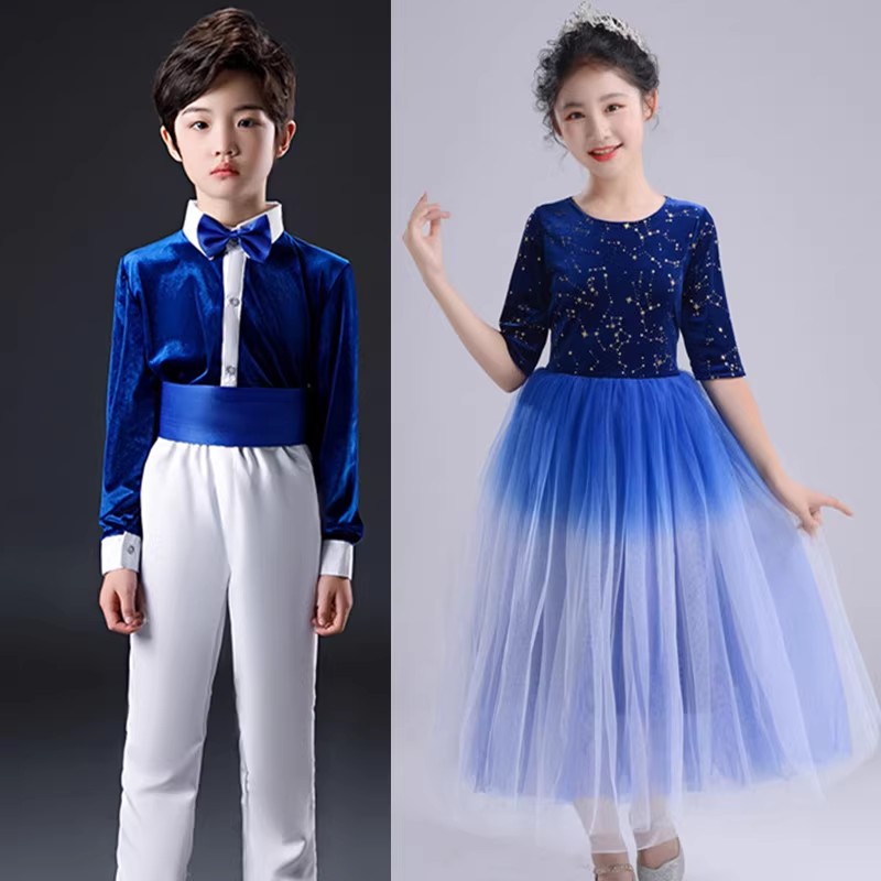 初中生主持人礼服女秋冬小学生大合唱青少年集体朗诵演出服长裙蓝