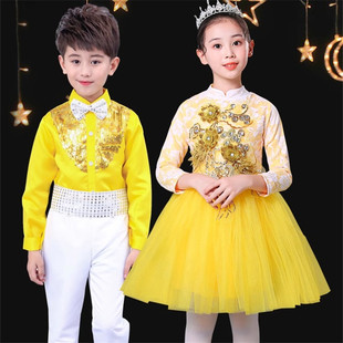 秋冬季黄色儿童演出服朗诵麦穗裙子长袖金色蓬蓬裙玉米粒舞蹈服装